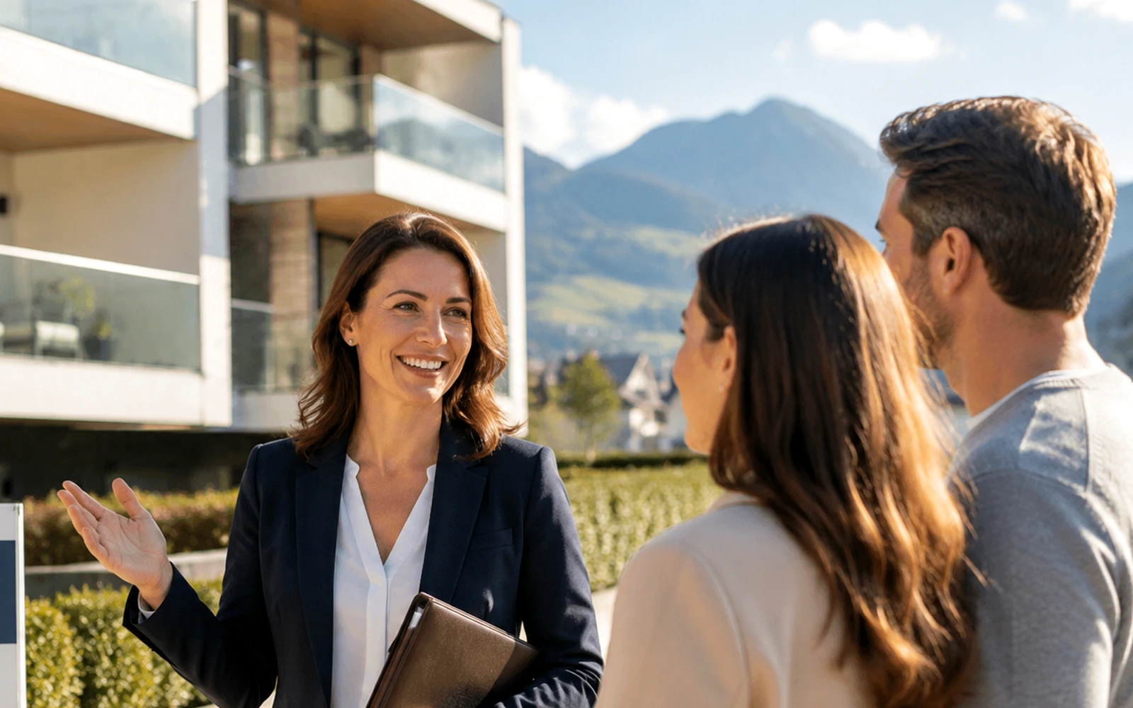 Symbolisches Kennenlerngespräch über eine Mitarbeit im Immobilienverkauf.